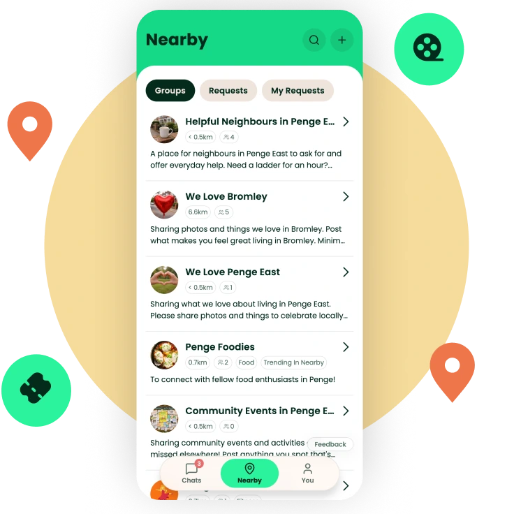 Nearby communities screen in the Neya app